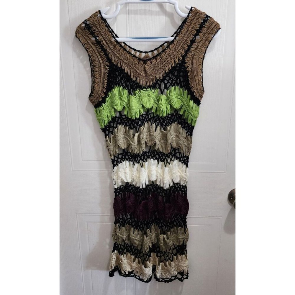 Urban Mango Women's Sleeveless Open Crochet Knit Boho Swim Coverup Dress Size L